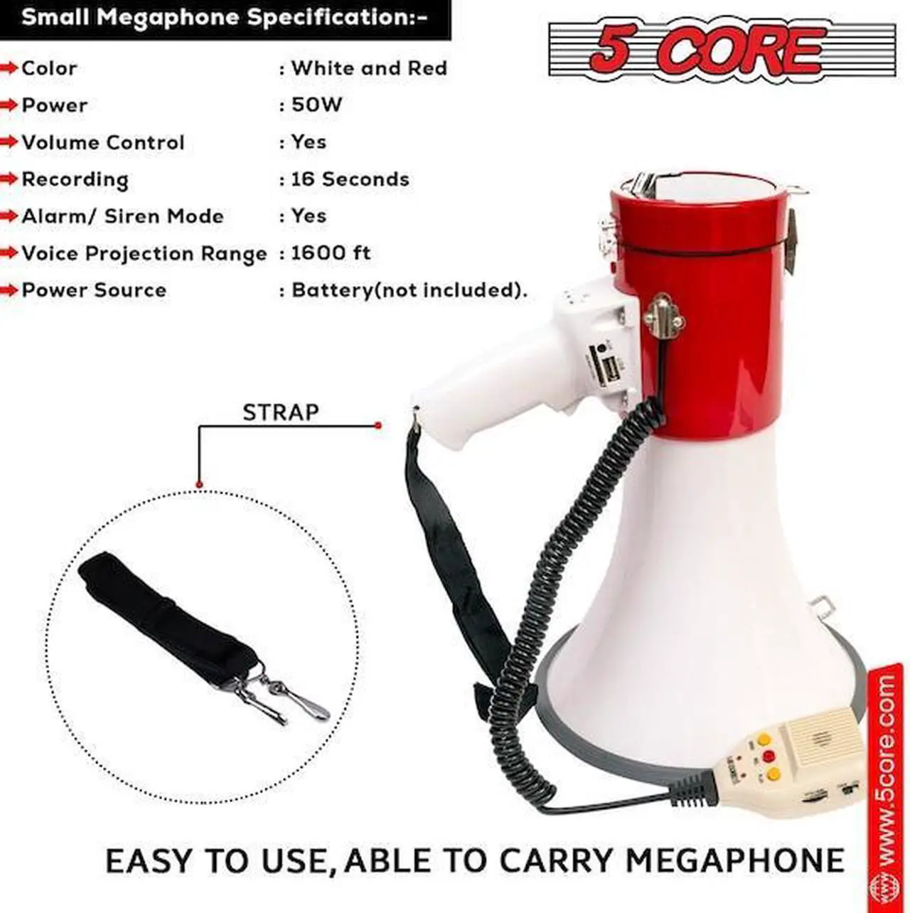 Alt view image 14 of 15 - 5 Core Megaphone Bullhorn Speaker 50W Bull Horn Cheer Megafono 1200 Yards