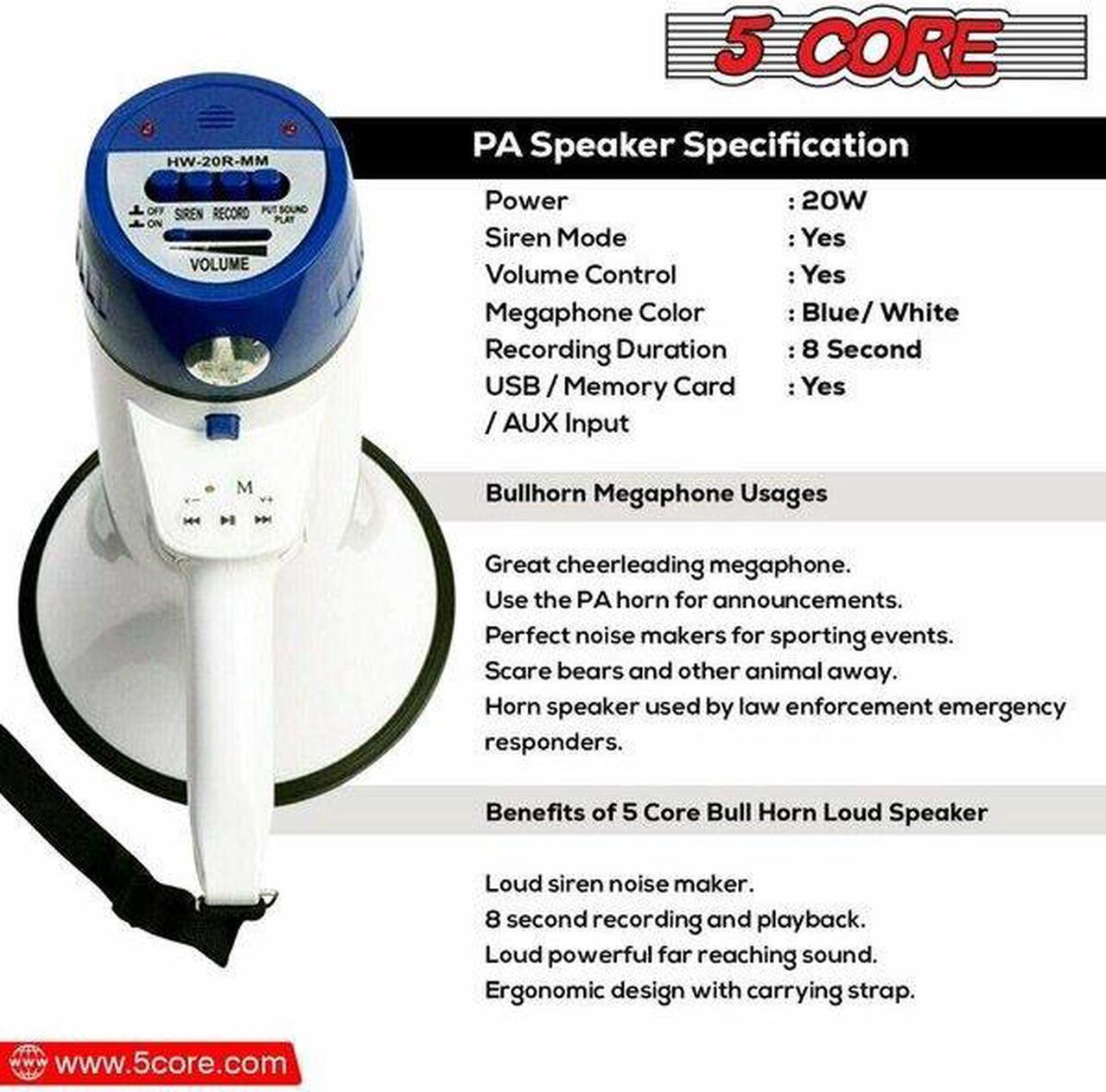 Alt view image 12 of 16 - 5 Core Megaphone Bullhorn Speaker 20W Bull Horn Battery Power Cheer Megafono 300 Meters Range Loudspeaker W Siren Recording Ergonomic Handle for Coaches Football Baseball Cheerleading - 20R-USB WoB