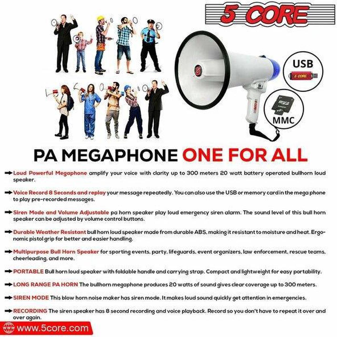 Alt view image 13 of 16 - 5 Core Megaphone Bullhorn Speaker 20W Bull Horn Battery Power Cheer Megafono 300 Meters Range Loudspeaker W Siren Recording Ergonomic Handle for Coaches Football Baseball Cheerleading - 20R-USB WoB
