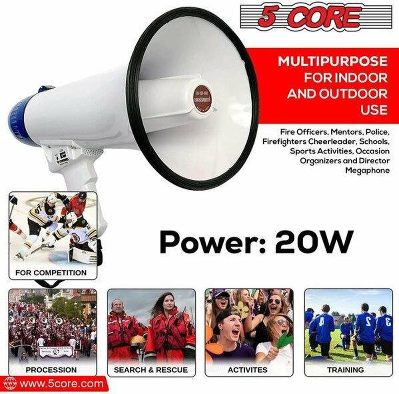 Alt view image 15 of 16 - 5 Core Megaphone Bullhorn Speaker 20W Bull Horn Battery Power Cheer Megafono 300 Meters Range Loudspeaker W Siren Recording Ergonomic Handle for Coaches Football Baseball Cheerleading - 20R-USB WoB