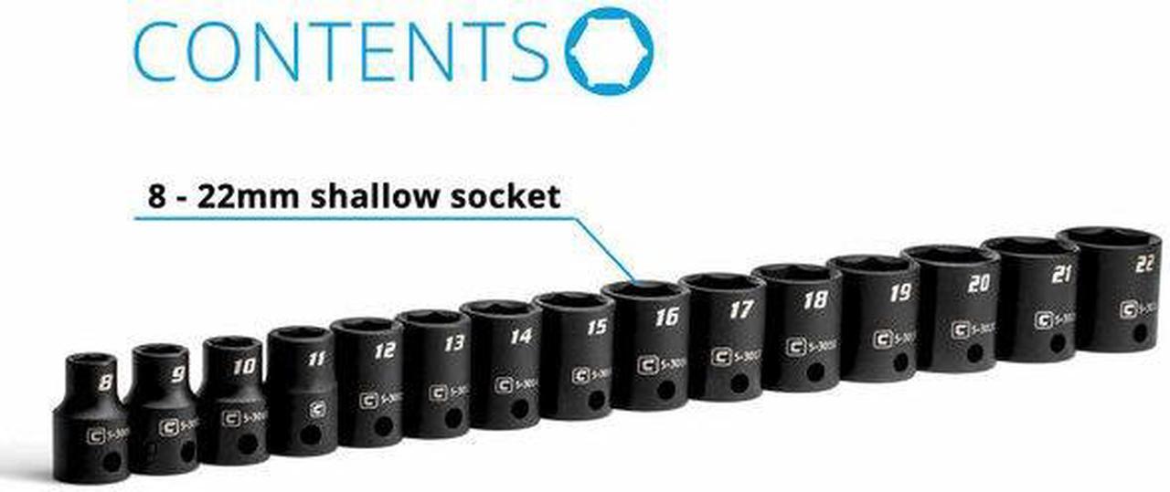 Alt view image 2 of 6 - CAPRI TOOLS CP53000-15MS 3/8 in Drive Shallow Impact Socket Set, Metric, 15 pcs
