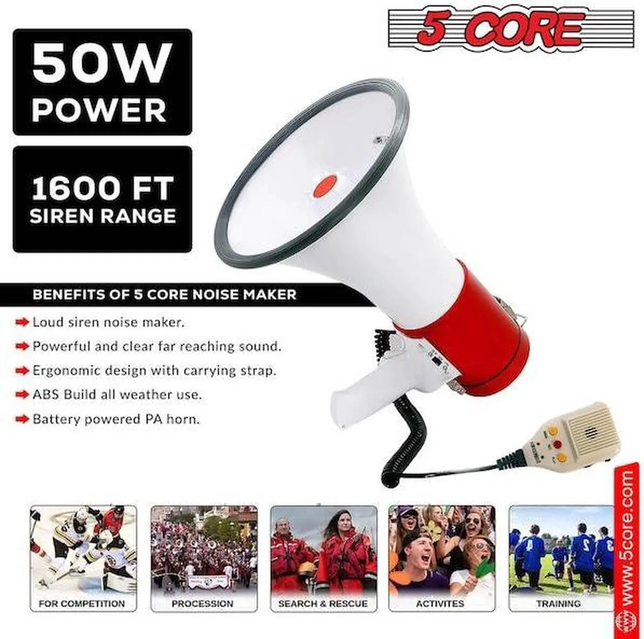 Alt view image 13 of 15 - 5 Core Megaphone Bullhorn Speaker 50W Bull Horn Cheer Megafono 1200 Yards