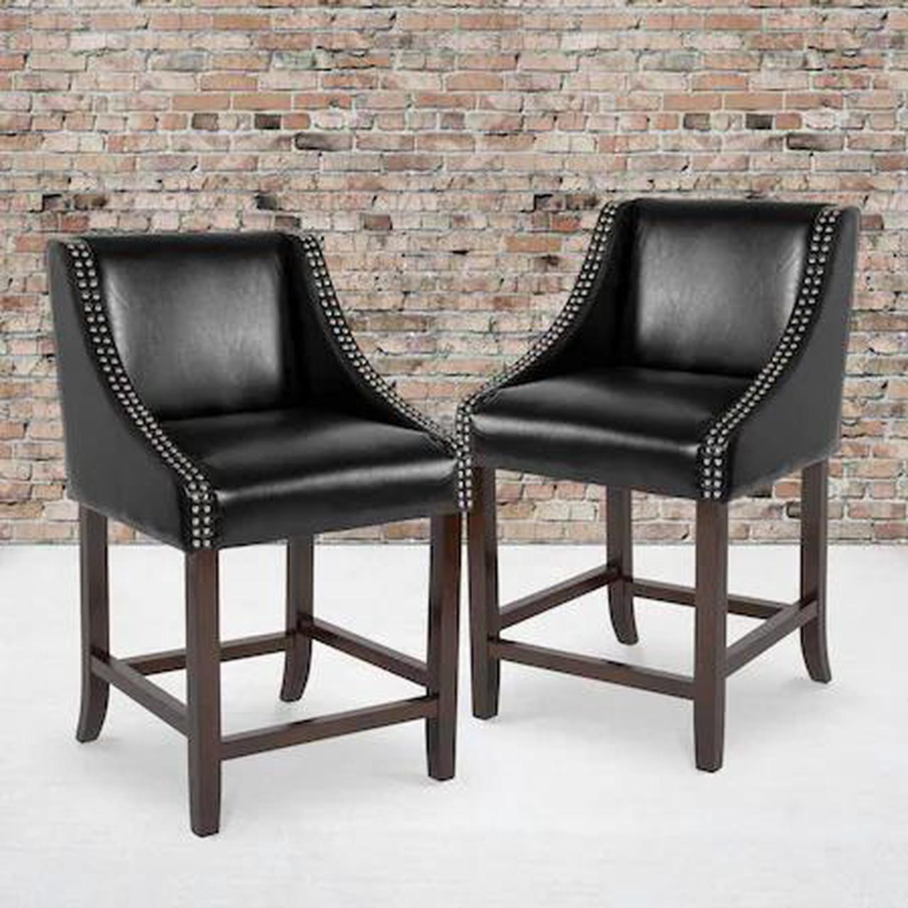 Alt view image 6 of 20 - Carmel Series 24" High Transitional Walnut Counter Height Stool with Nail Trim in Black LeatherSoft, Set of 2