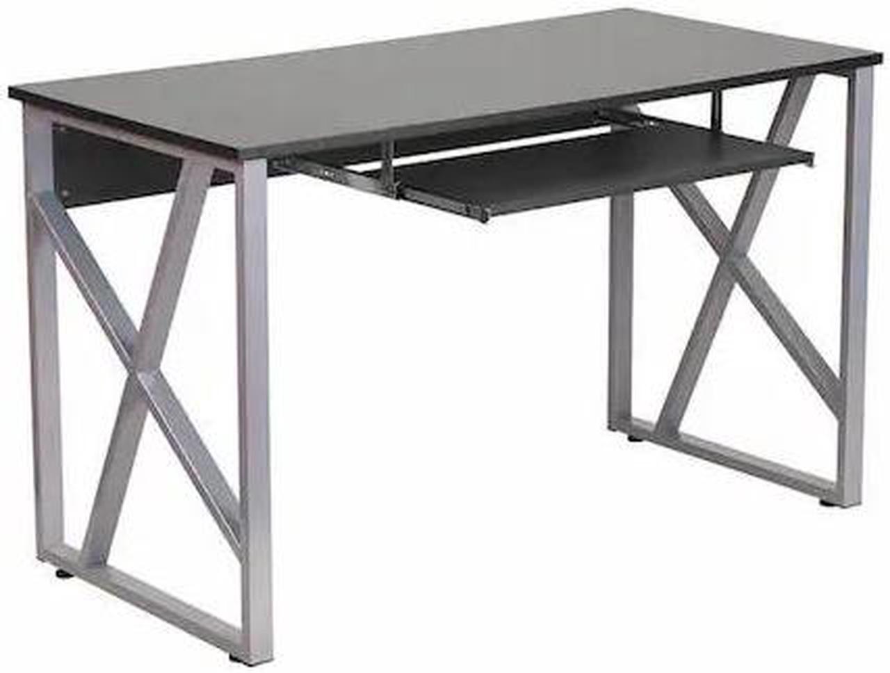 Main image of Black Computer Desk with Pull-Out Keyboard Tray and Cross-Brace Frame