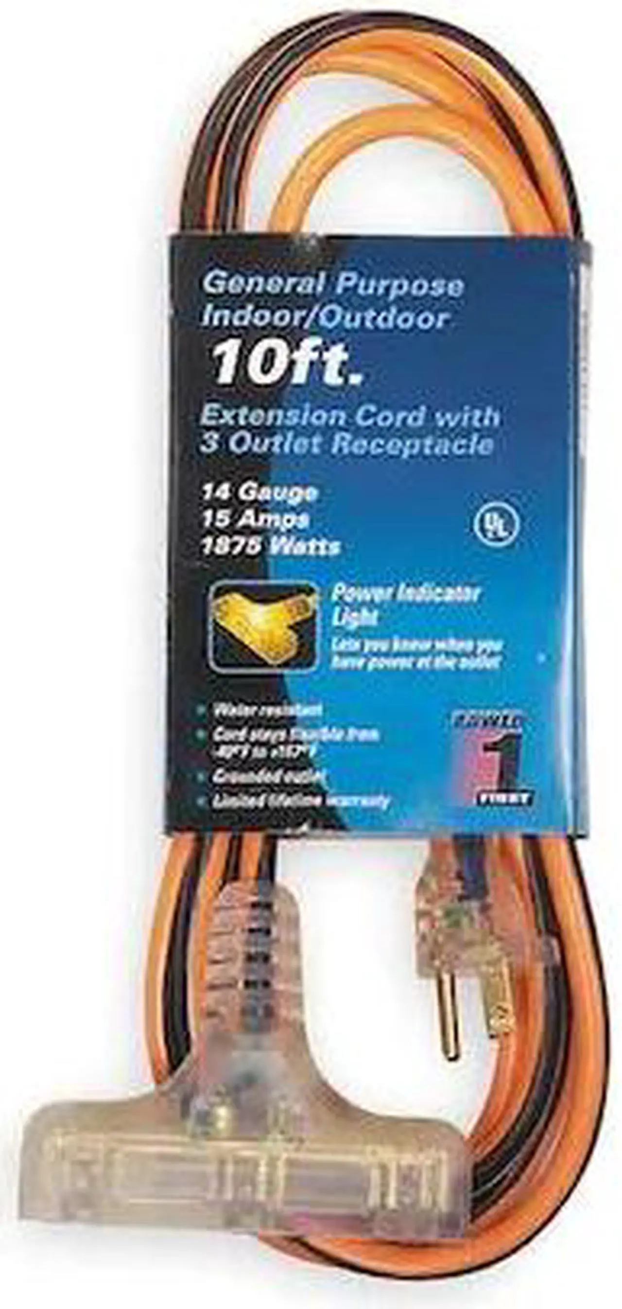 Main image of ZORO SELECT 1FD64 SJTW Outdoor Extension Cord, 14 AWG 3 Outlets, PVC, 5-15R,