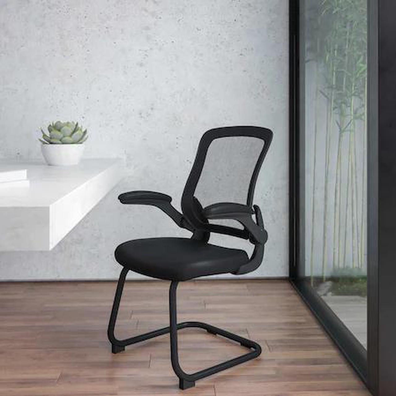 Alt view image 15 of 20 - Black Mesh Sled Base Side Reception Chair with Flip-Up Arms