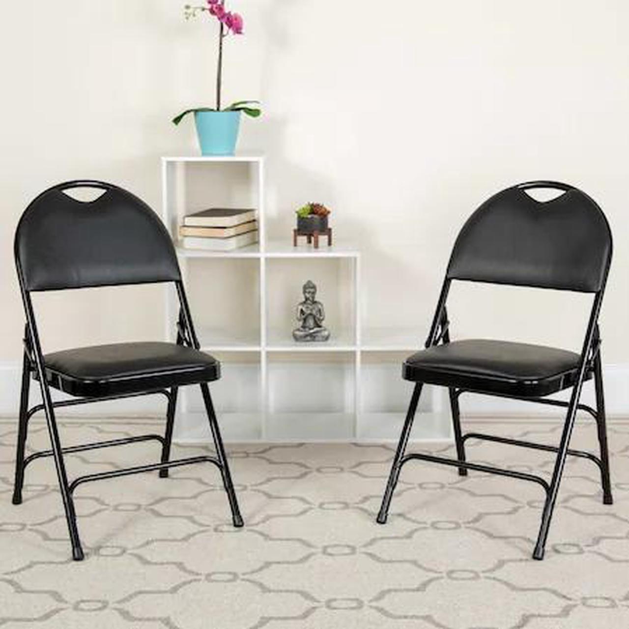 Alt view image 12 of 20 - 2 Pk. HERCULES Series Ultra-Premium Triple Braced Black Vinyl Metal Folding Chair with Easy-Carry Handle
