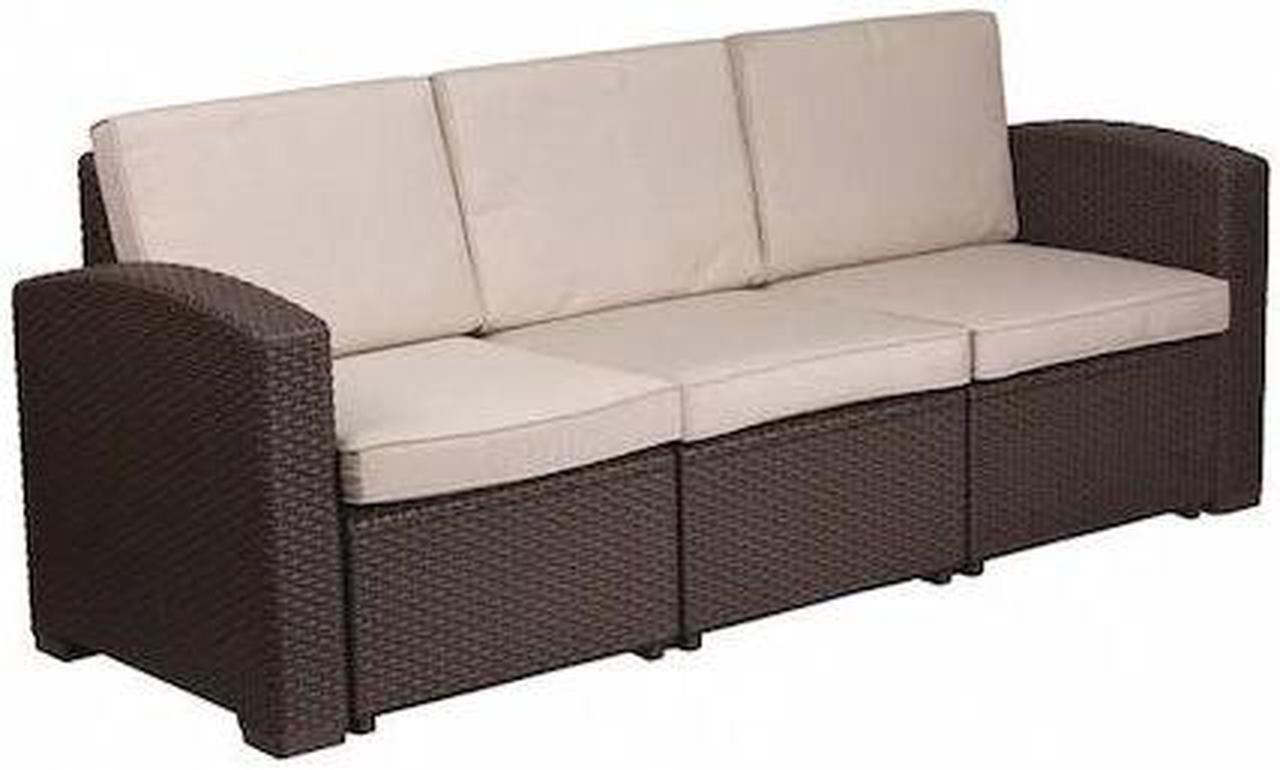 Alt view image 9 of 20 - Chocolate Brown Faux Rattan Sofa with All-Weather Beige Cushions