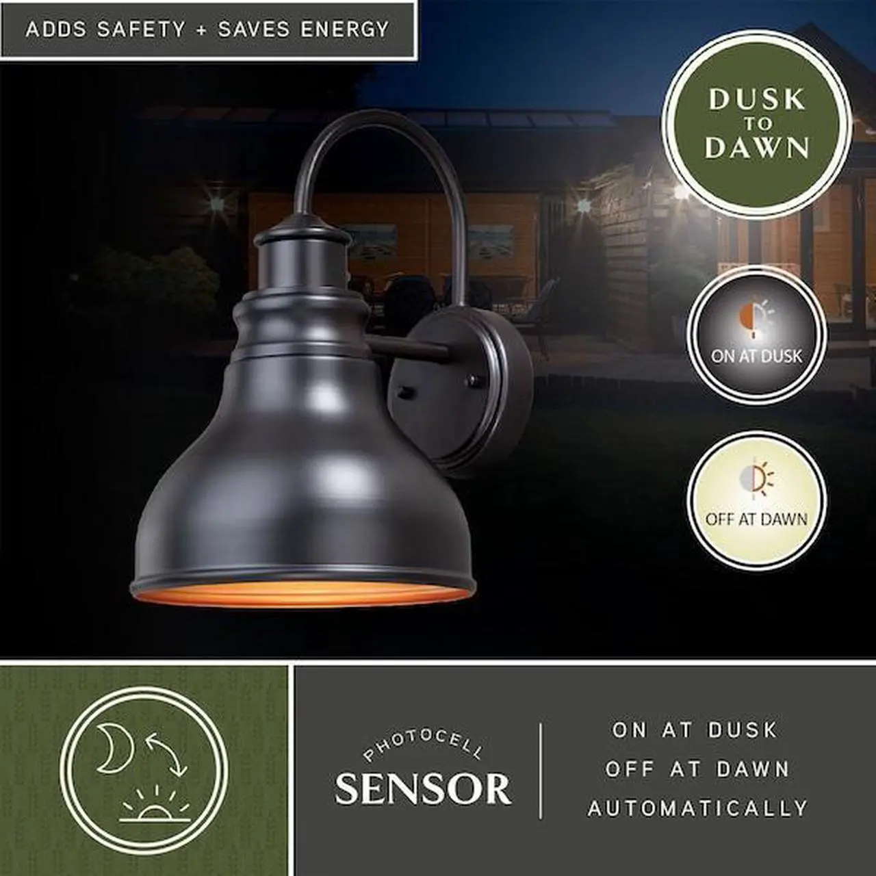 Alt view image 7 of 7 - VAXCEL T0316 Delano 1 Light Dusk to Dawn Bronze Gold Farmhouse Barn Dome