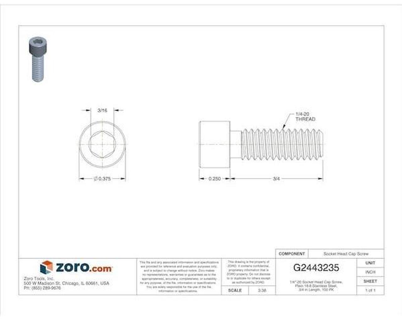 Alt view image 2 of 2 - ZORO SELECT U51050.025.0075 1/4"-20 Socket Head Cap Screw, Socket, Plain 18-8