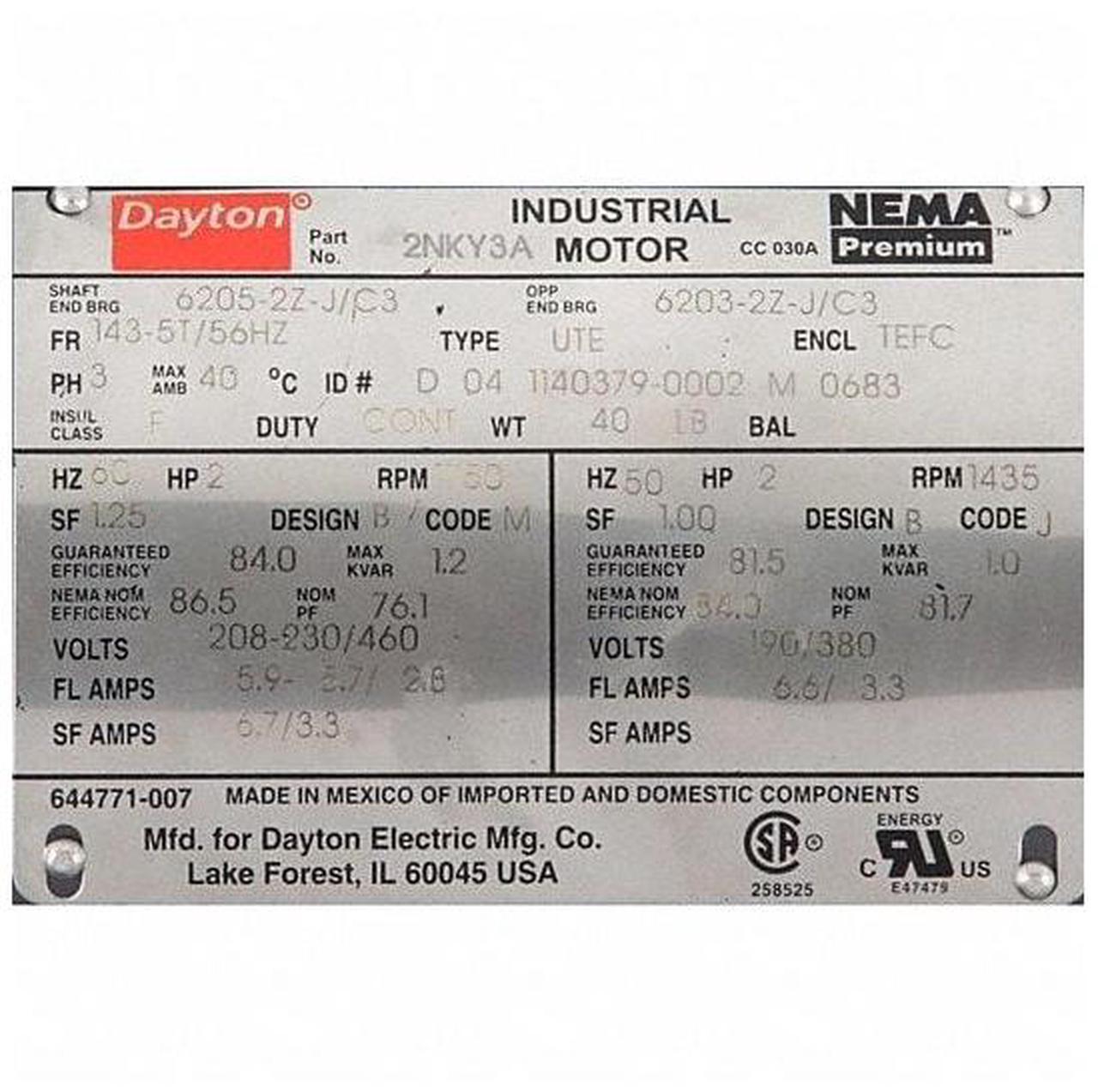 Alt view image 2 of 3 - DAYTON 2NKY3 Three-Phase General Purpose Motor, 2 HP, 143-5T/56HZ Frame,