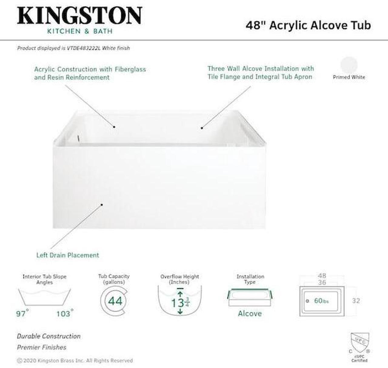Alt view image 7 of 7 - AQUA EDEN VTDE483222L Alcove Bathtubs, 48 L, 32 W, White, Acrylic