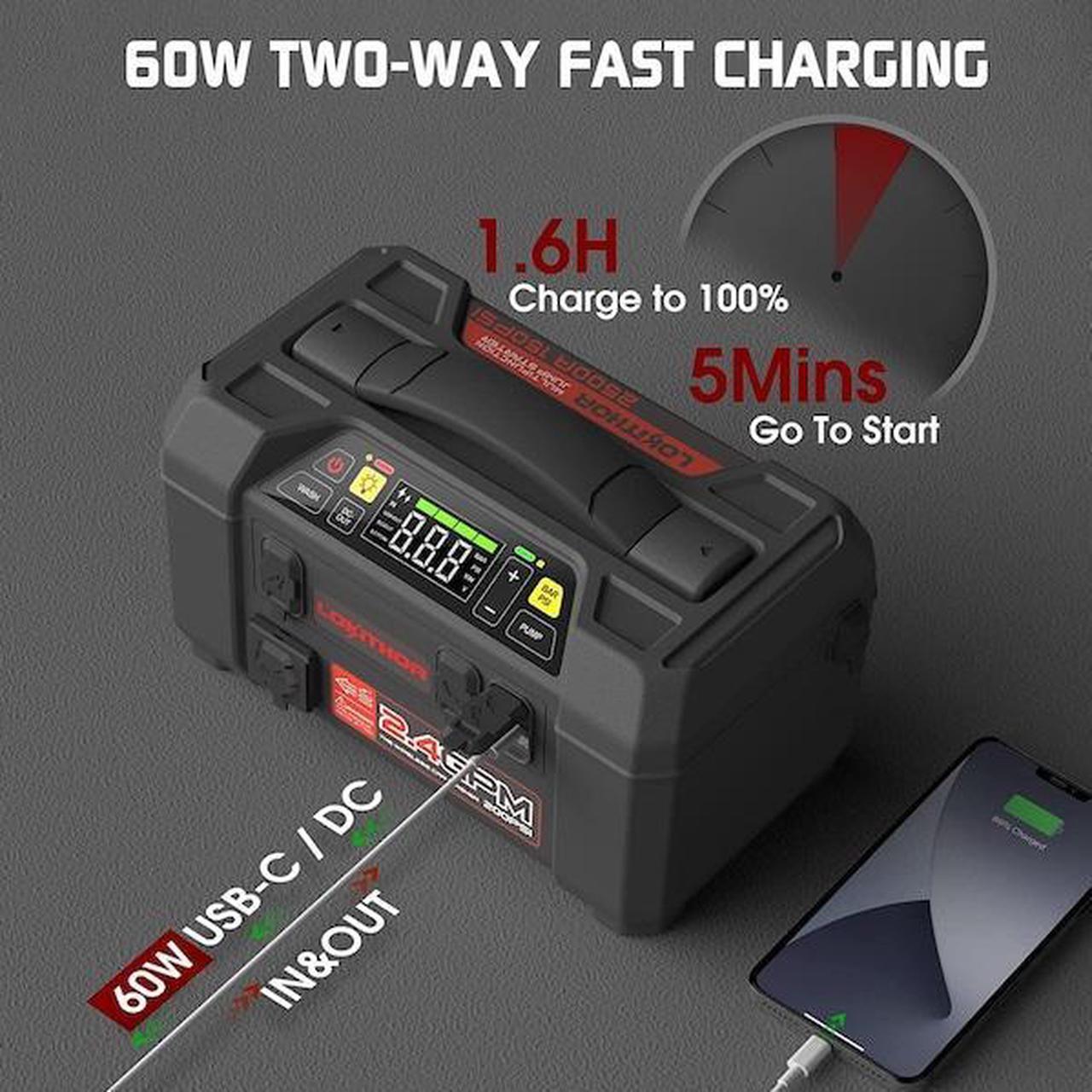 Alt view image 13 of 13 - Lokithor Jump Starter with Air Compressor, 2000Amp 20000mAh 12V Car Battery Booster Pack for Up to 8L Gas or 6L Diesel Engines, 150 PSI Tire Inflator with Digital Screen, 36 Months Ultra-Long Standby