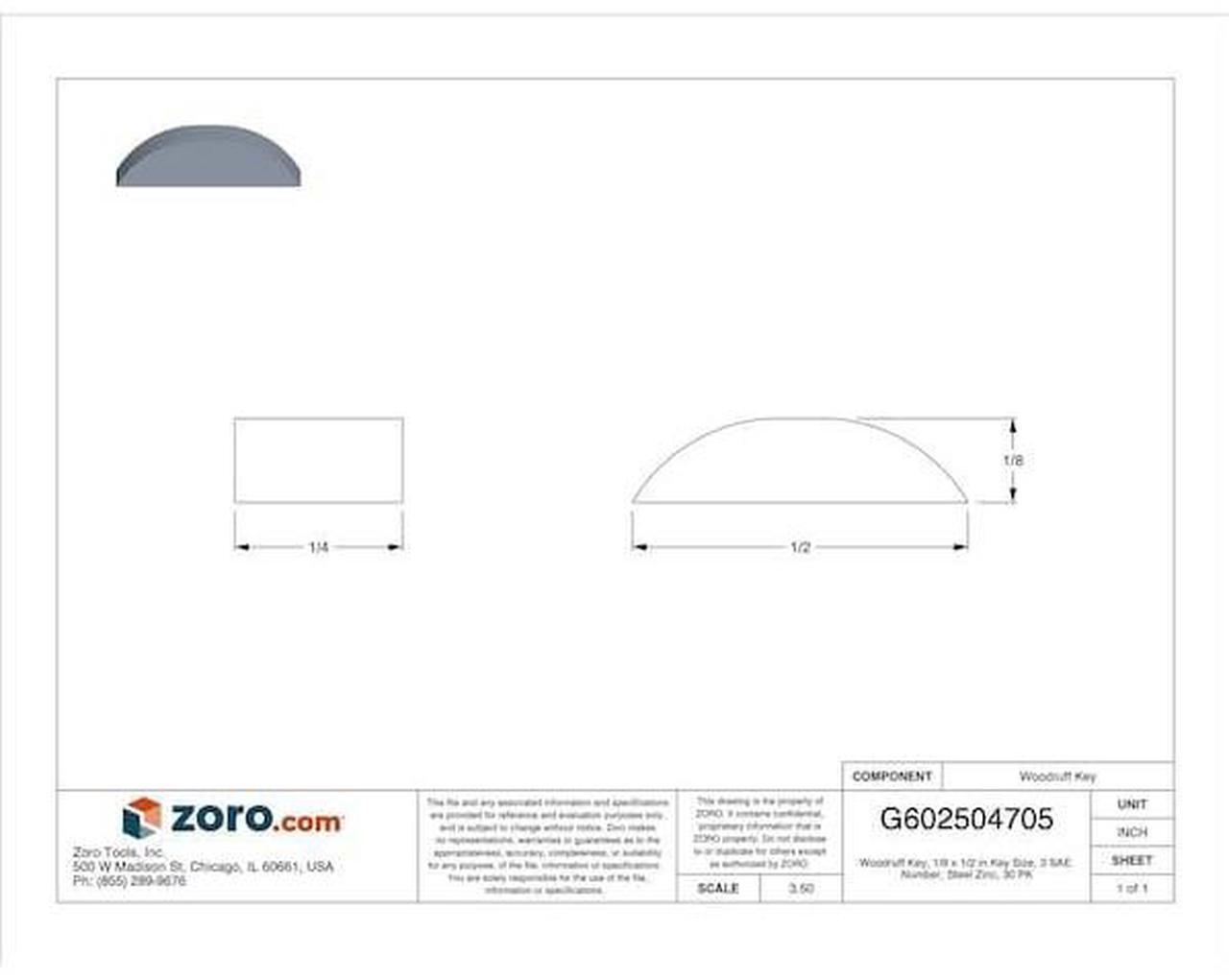 Alt view image 3 of 3 - MIDWEST FASTENER 60923 Woodruff Key, 1/8 x 1/2 in Key Size, 3 SAE Number, Steel