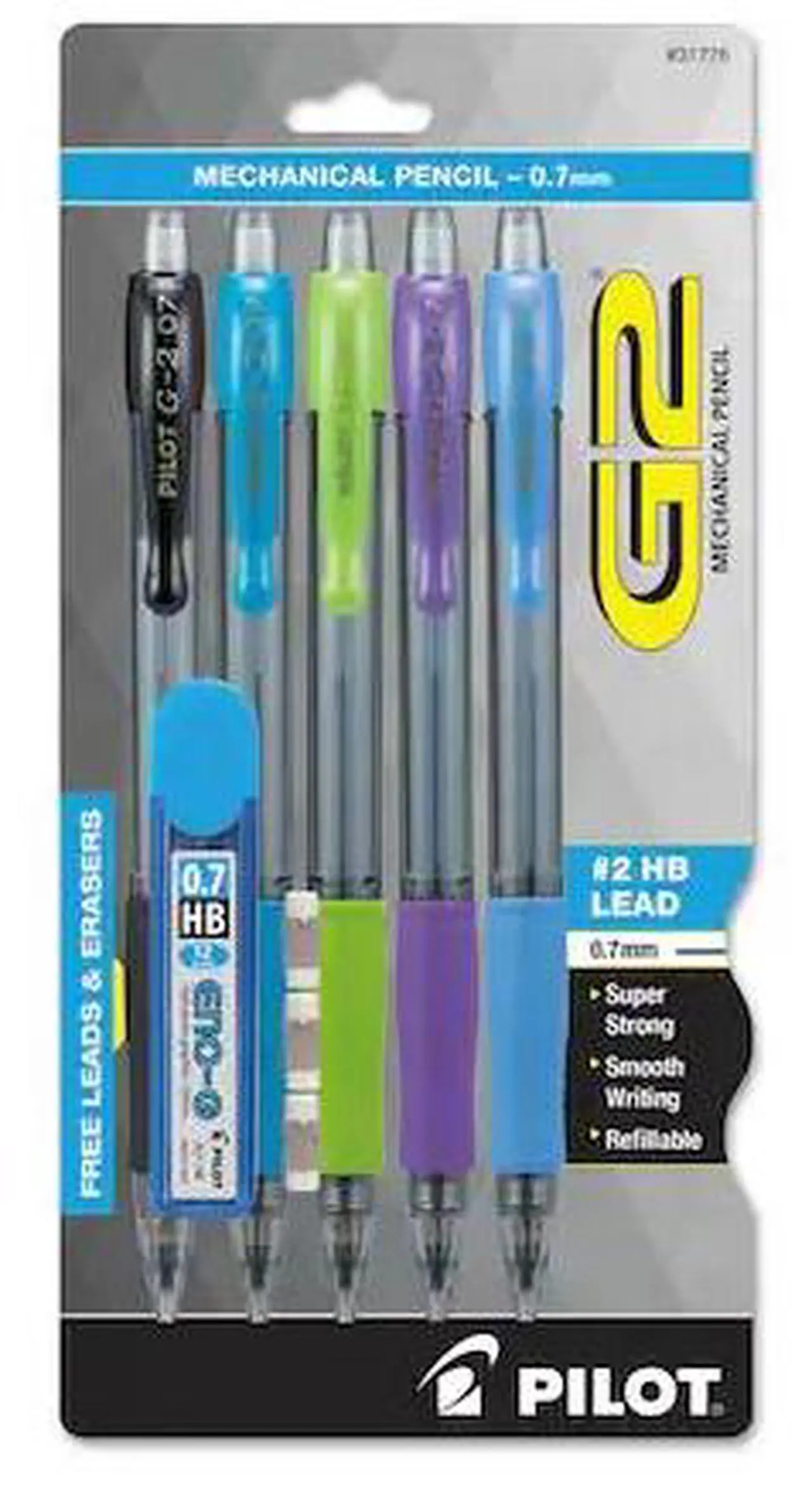 Alt view image 2 of 7 - Pilot Pen 31776 0.7 mm Mechanical Pencil with Lead & Erasers - Black, Lime, Purple, Turquoise & Periwinkle, Pack of 5