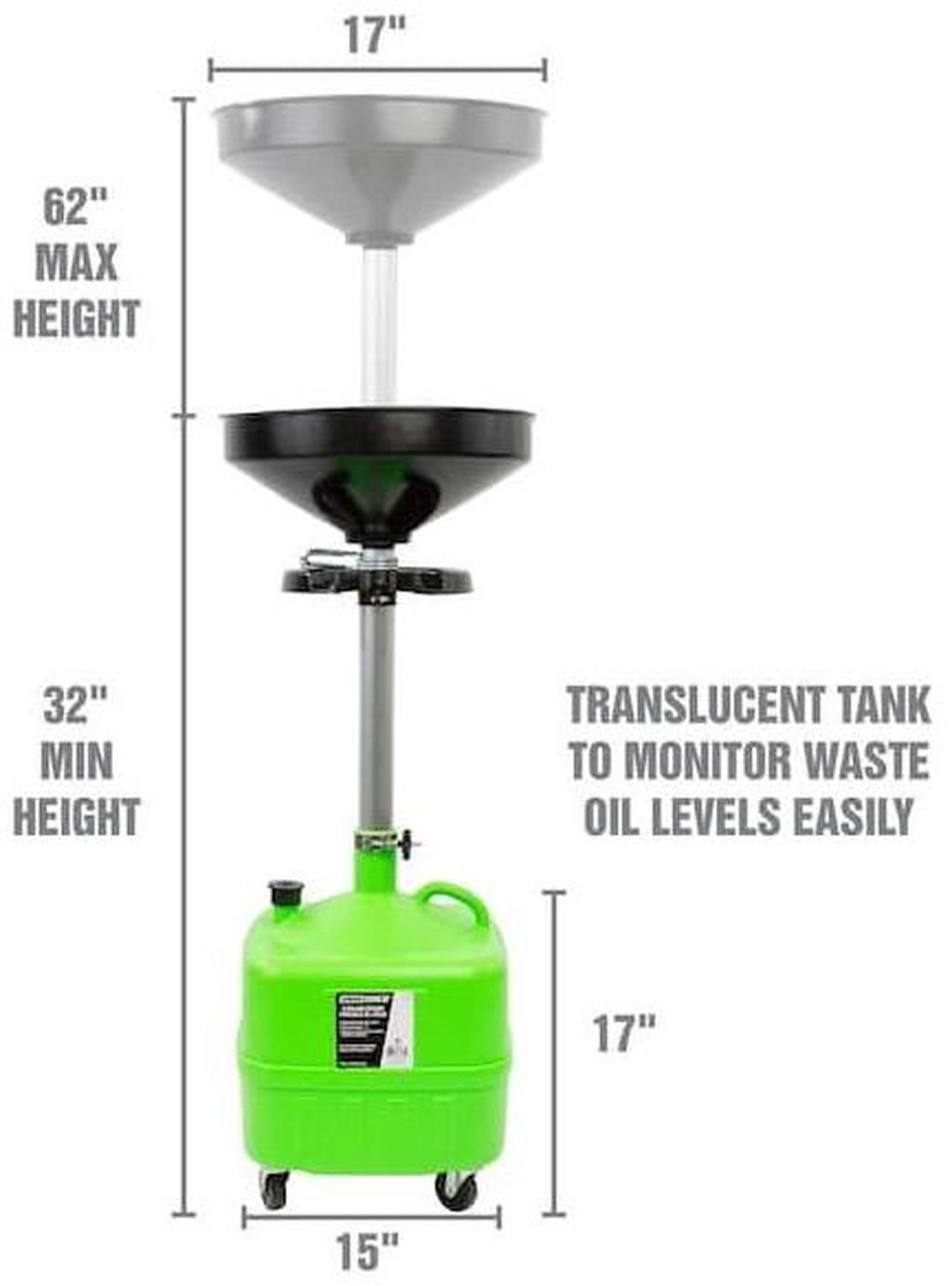 Alt view image 4 of 4 - OEMTOOLS 87032 9 Gallon Upright Portable Oil Lift Drain with Oil Pan Funnel, for Changing Car and Truck Motor Oil, Adjustable Height, Oil Drain Container