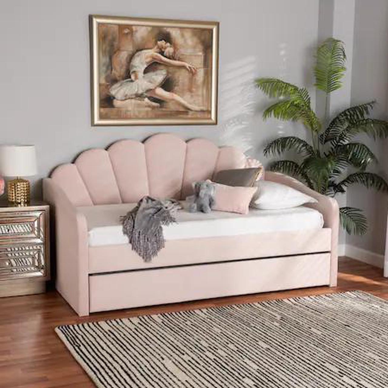 Alt view image 7 of 10 - Baxton Studio Timila Modern and Contemporary Light Pink Velvet Fabric Upholstered Twin Size Daybed with Trundle