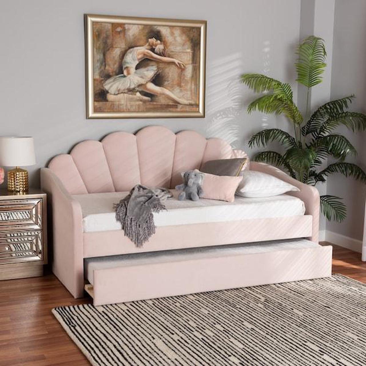 Alt view image 8 of 10 - Baxton Studio Timila Modern and Contemporary Light Pink Velvet Fabric Upholstered Twin Size Daybed with Trundle
