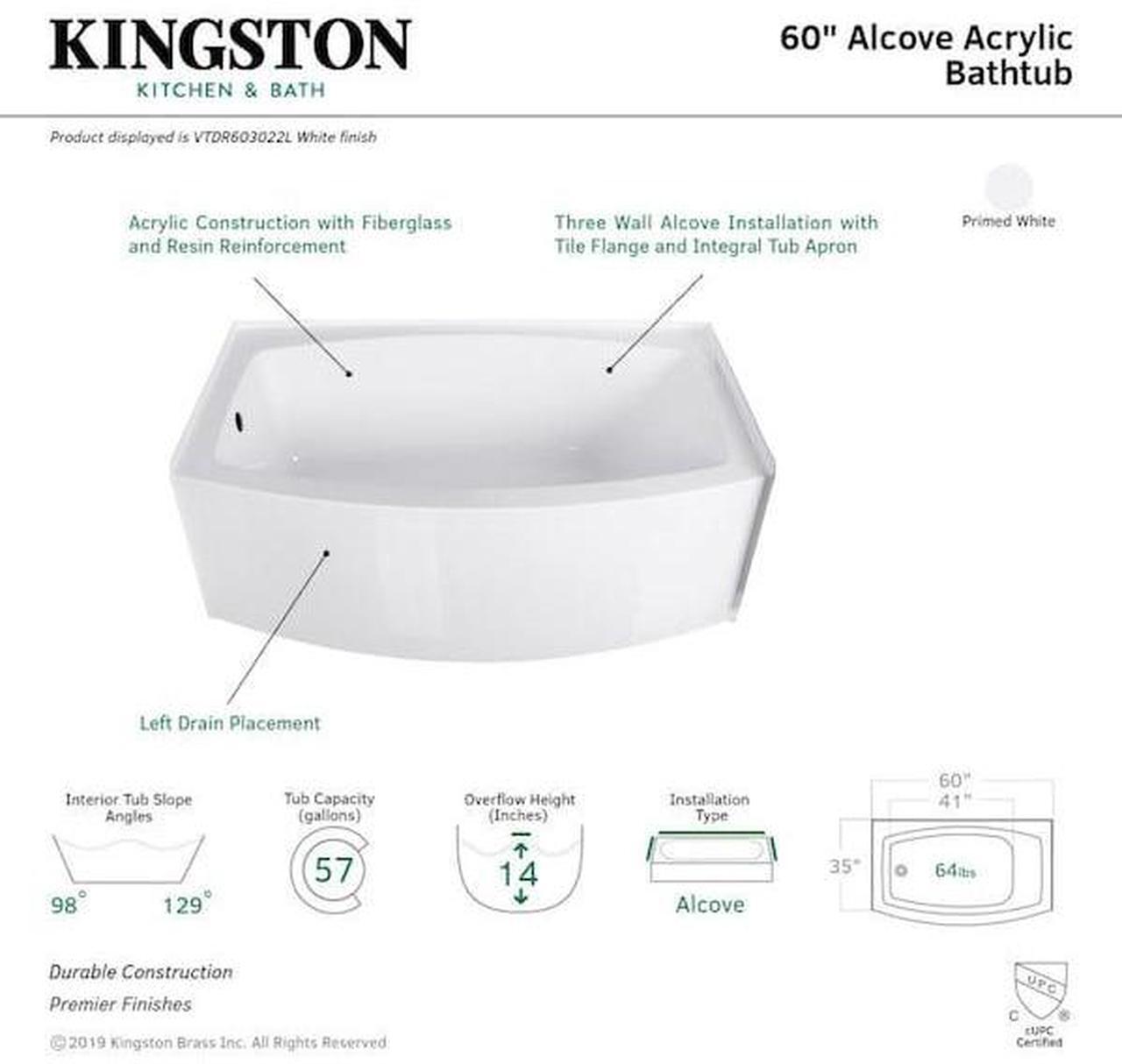 Alt view image 2 of 3 - AQUA EDEN VTDR603022L Alcove Bathtubs, 60 L, 35 W, White, Acrylic