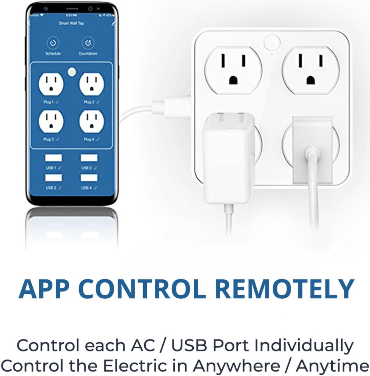 Alt view image 3 of 7 - Wireless Wall Tap Smart Plug, Surge Protector, 4 Outlet Extender with 4 USB Charging Ports, Compatible with Alexa Google Assistant, no Hub Required (4 Outlets,4 USB Ports), ETL Certified