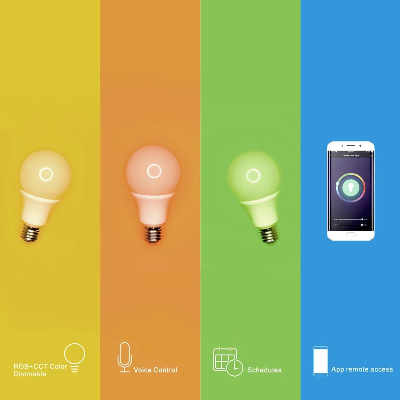 Alt view image 2 of 6 - Smart WiFi LED Light Bulb, Works with Alexa and Google Assistant, 9W (60W Equivalent) RGBW LED Bulb, No Hub Required, Mobile App Remote Control, Soft White and Multi-Color Lights
