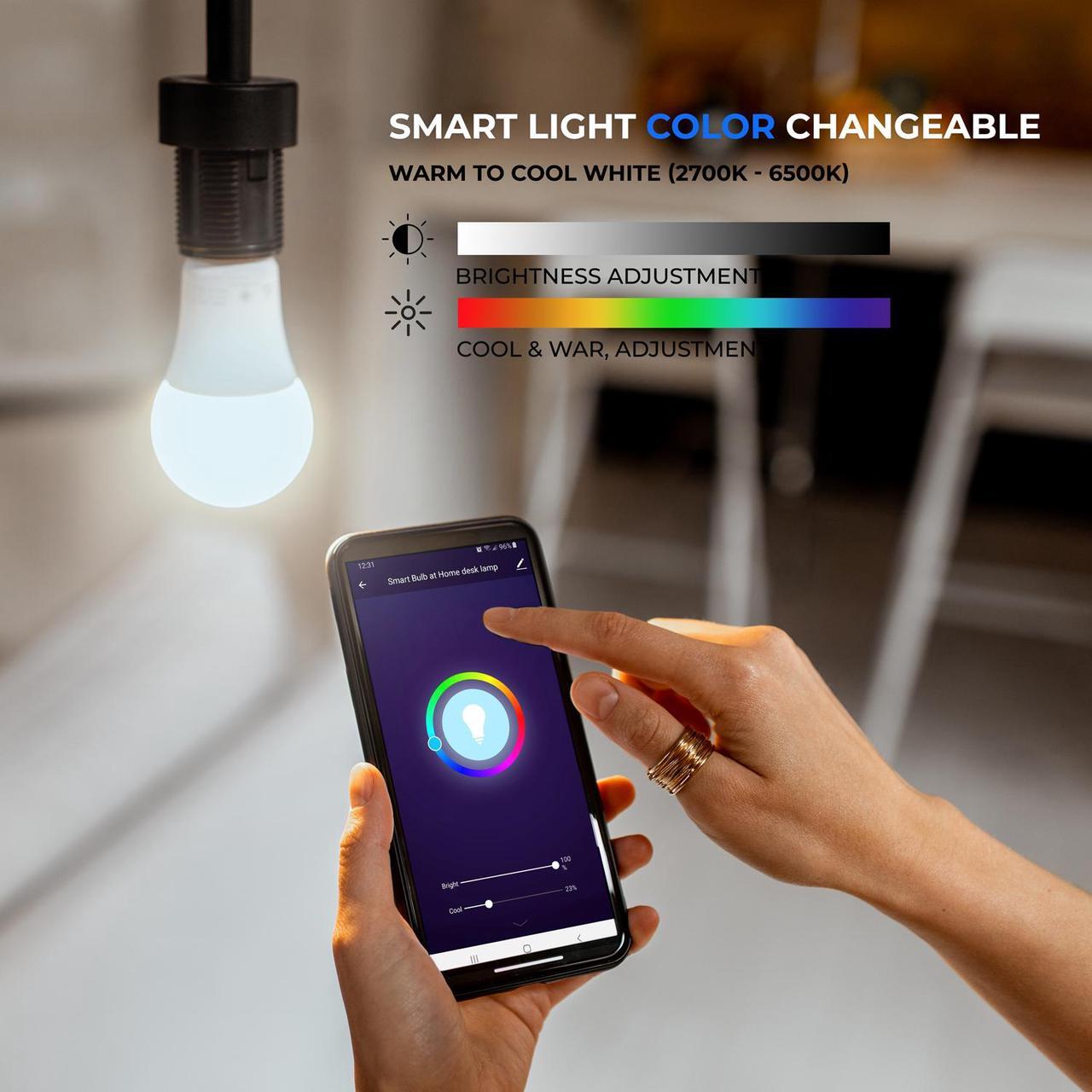 Alt view image 6 of 6 - Smart WiFi LED Light Bulb, Works with Alexa and Google Assistant, 9W (60W Equivalent) RGBW LED Bulb, No Hub Required, Mobile App Remote Control, Soft White and Multi-Color Lights