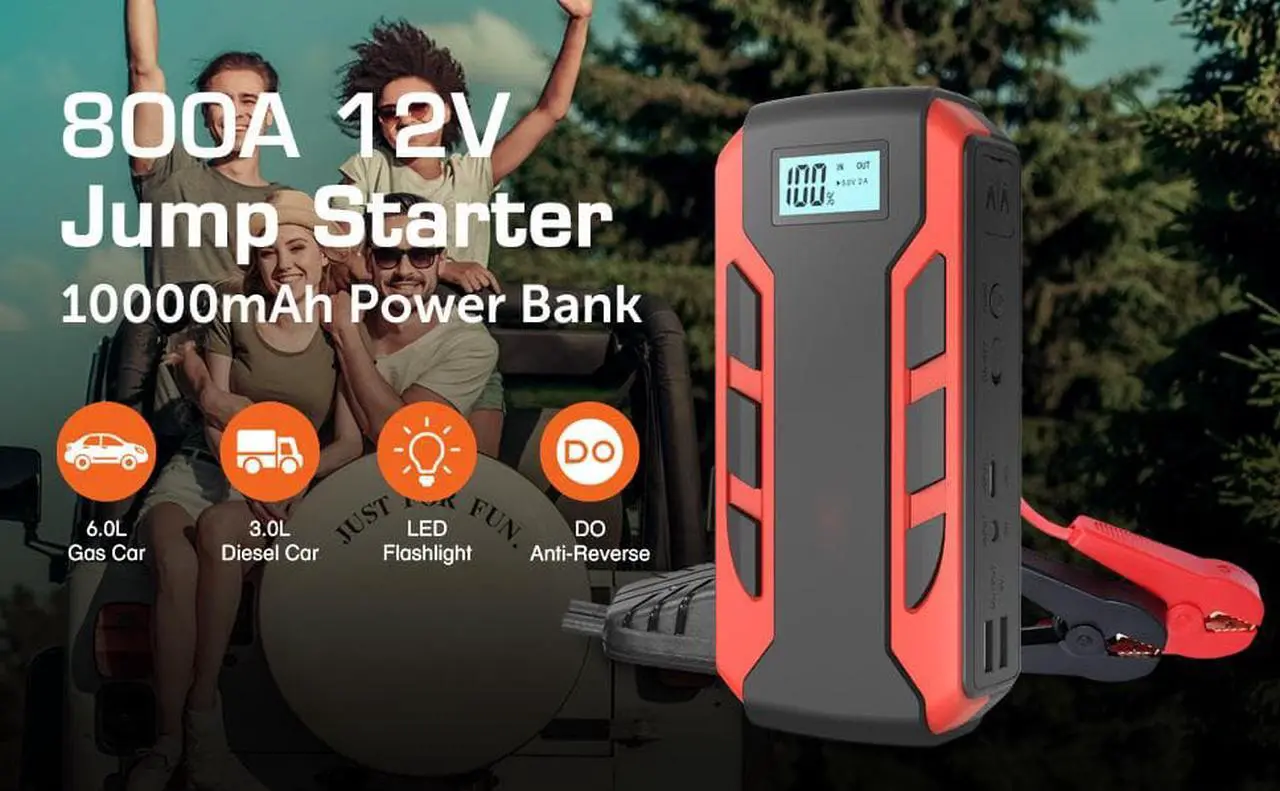 Alt view image 2 of 7 - Portable Car Jump Starter, 800A Peak 10000mAh (6.0L Gas Car or 3.0L Diesel Car), 12-Volt Ultra Safe Lithium Jump Starter Box, Power Bank Charger, USB Quick Charge, LCD Display, LED Flashlight