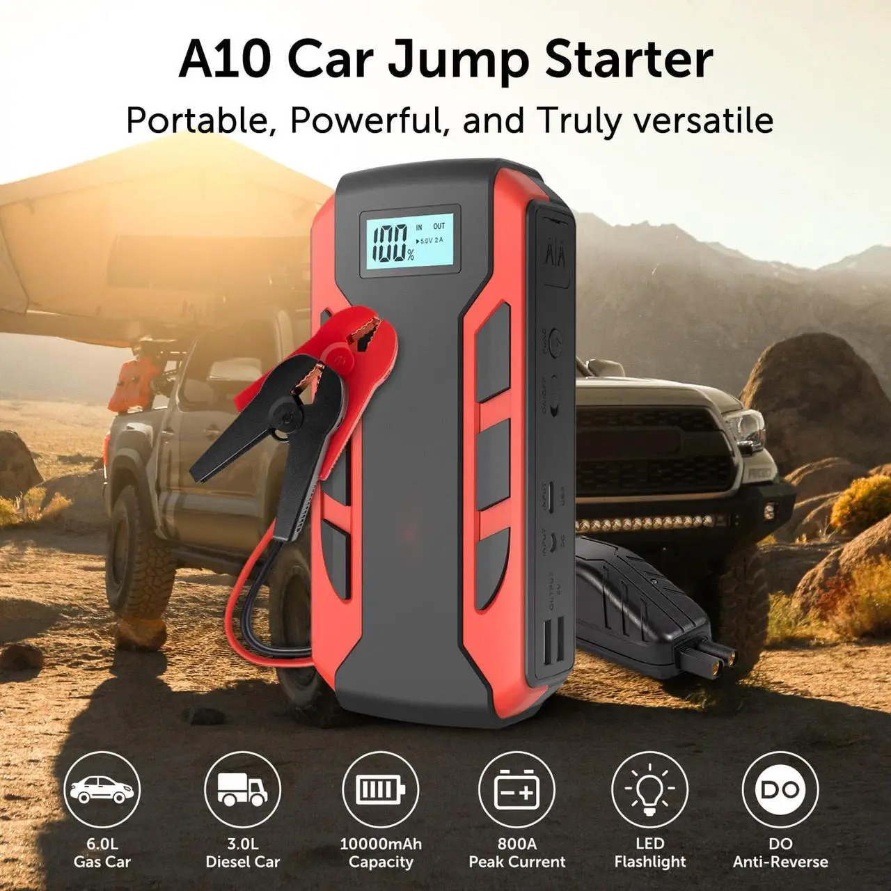 Alt view image 3 of 7 - Portable Car Jump Starter, 800A Peak 10000mAh (6.0L Gas Car or 3.0L Diesel Car), 12-Volt Ultra Safe Lithium Jump Starter Box, Power Bank Charger, USB Quick Charge, LCD Display, LED Flashlight