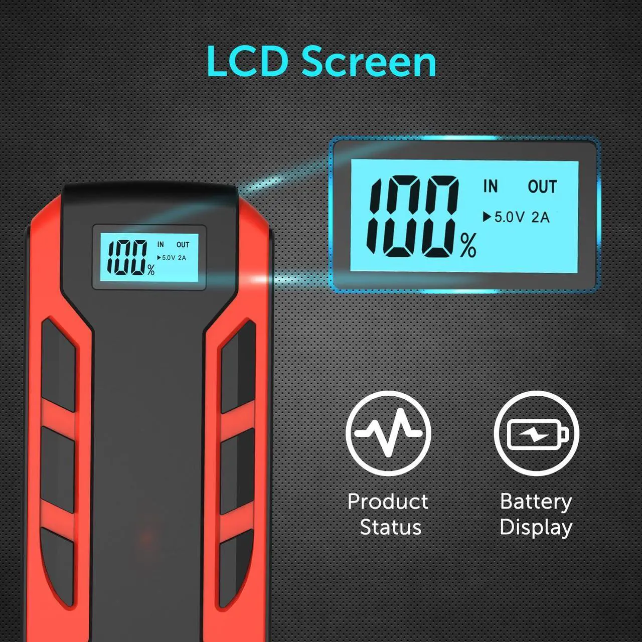 Alt view image 4 of 7 - Portable Car Jump Starter, 800A Peak 10000mAh (6.0L Gas Car or 3.0L Diesel Car), 12-Volt Ultra Safe Lithium Jump Starter Box, Power Bank Charger, USB Quick Charge, LCD Display, LED Flashlight