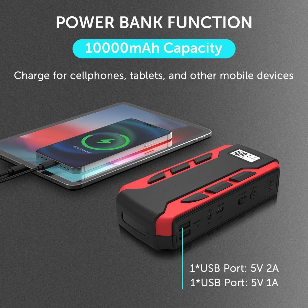 Alt view image 5 of 7 - Portable Car Jump Starter, 800A Peak 10000mAh (6.0L Gas Car or 3.0L Diesel Car), 12-Volt Ultra Safe Lithium Jump Starter Box, Power Bank Charger, USB Quick Charge, LCD Display, LED Flashlight