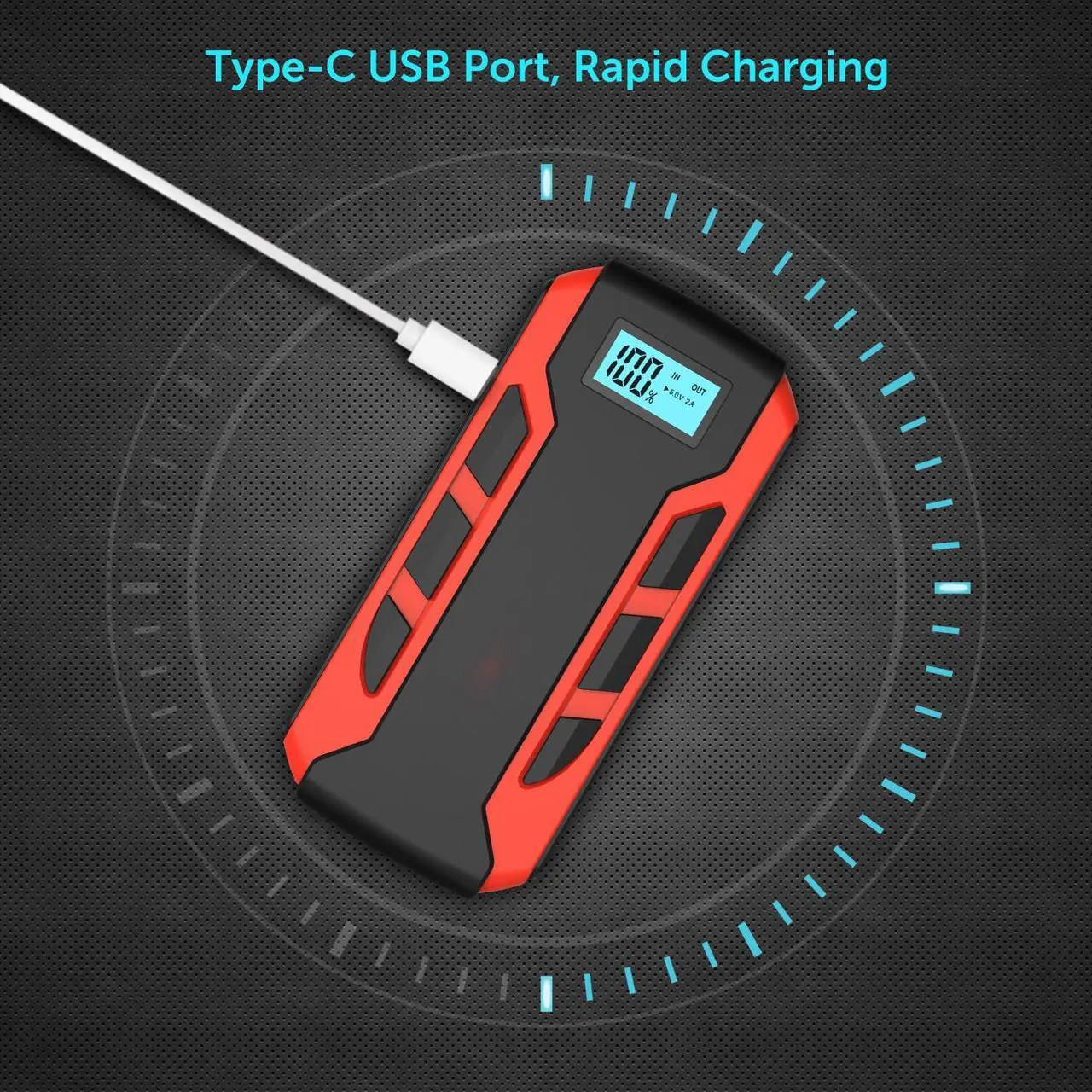 Alt view image 7 of 7 - Portable Car Jump Starter, 800A Peak 10000mAh (6.0L Gas Car or 3.0L Diesel Car), 12-Volt Ultra Safe Lithium Jump Starter Box, Power Bank Charger, USB Quick Charge, LCD Display, LED Flashlight