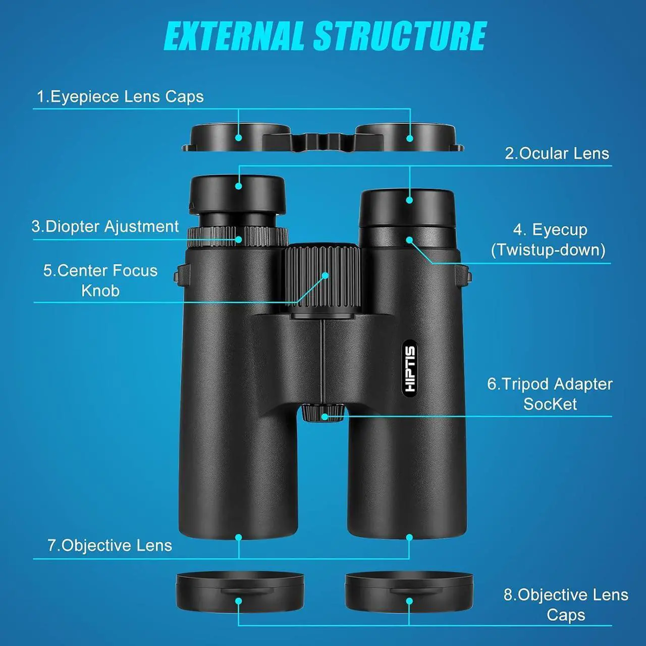 Main image of HIPTIS Binoculars, 12x42mm Professional Binoculars for Adults, HD Binocular Telescope with Night Vision, Lightweight Binoculars for Hunting, Bird Watching Climbing, Stargazing, Travelling