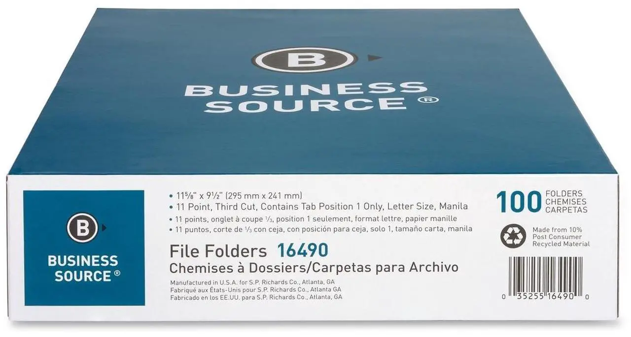 Main image of Business Source File Folder 1/3 Cut Left Tab 1-Ply 3/4" Exp. Ltr 100/BX MLA