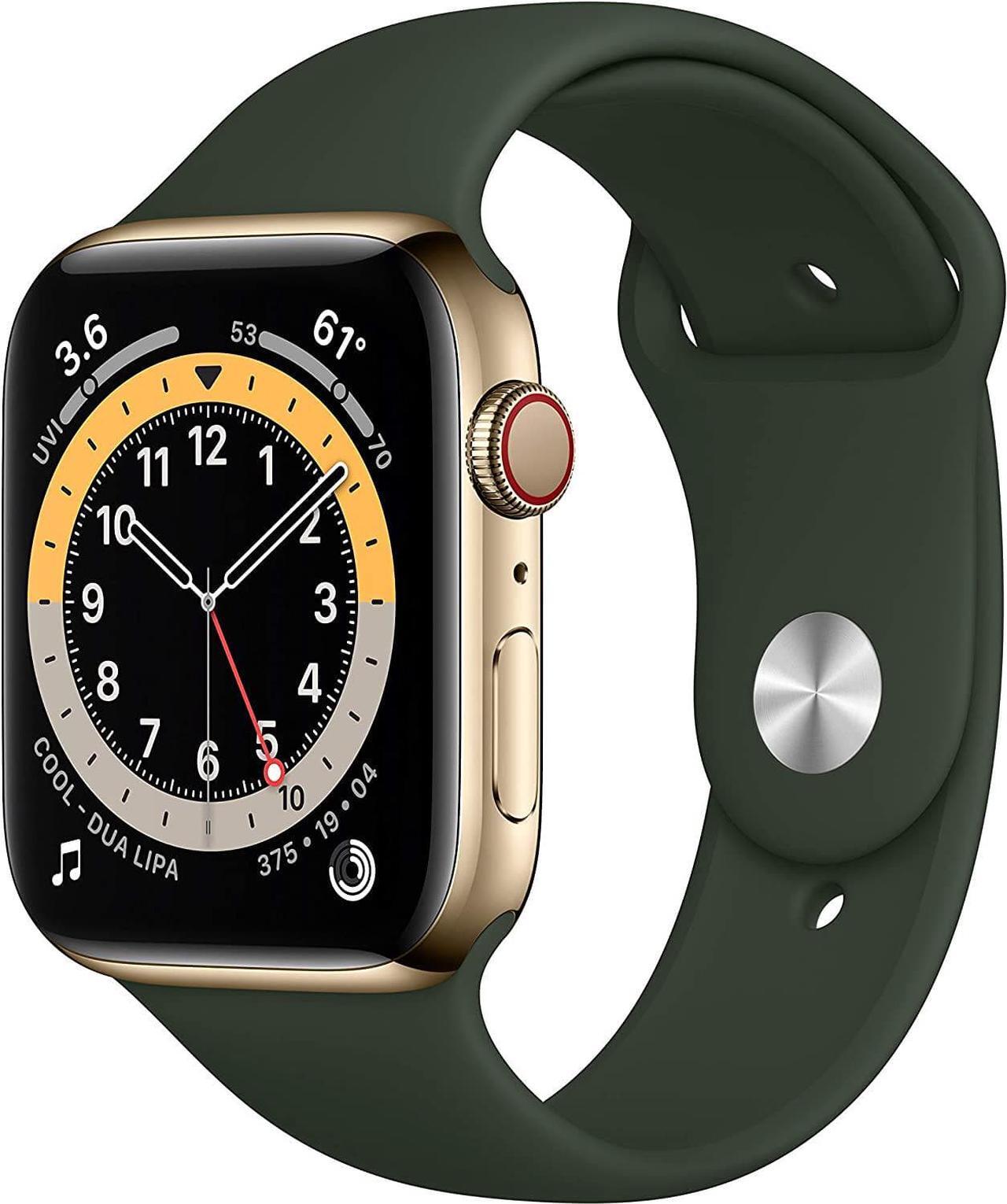 Main image of Apple Watch Series 6 44mm Gold Stainless Case Cyprus Green Sport Band M07N3LL/A