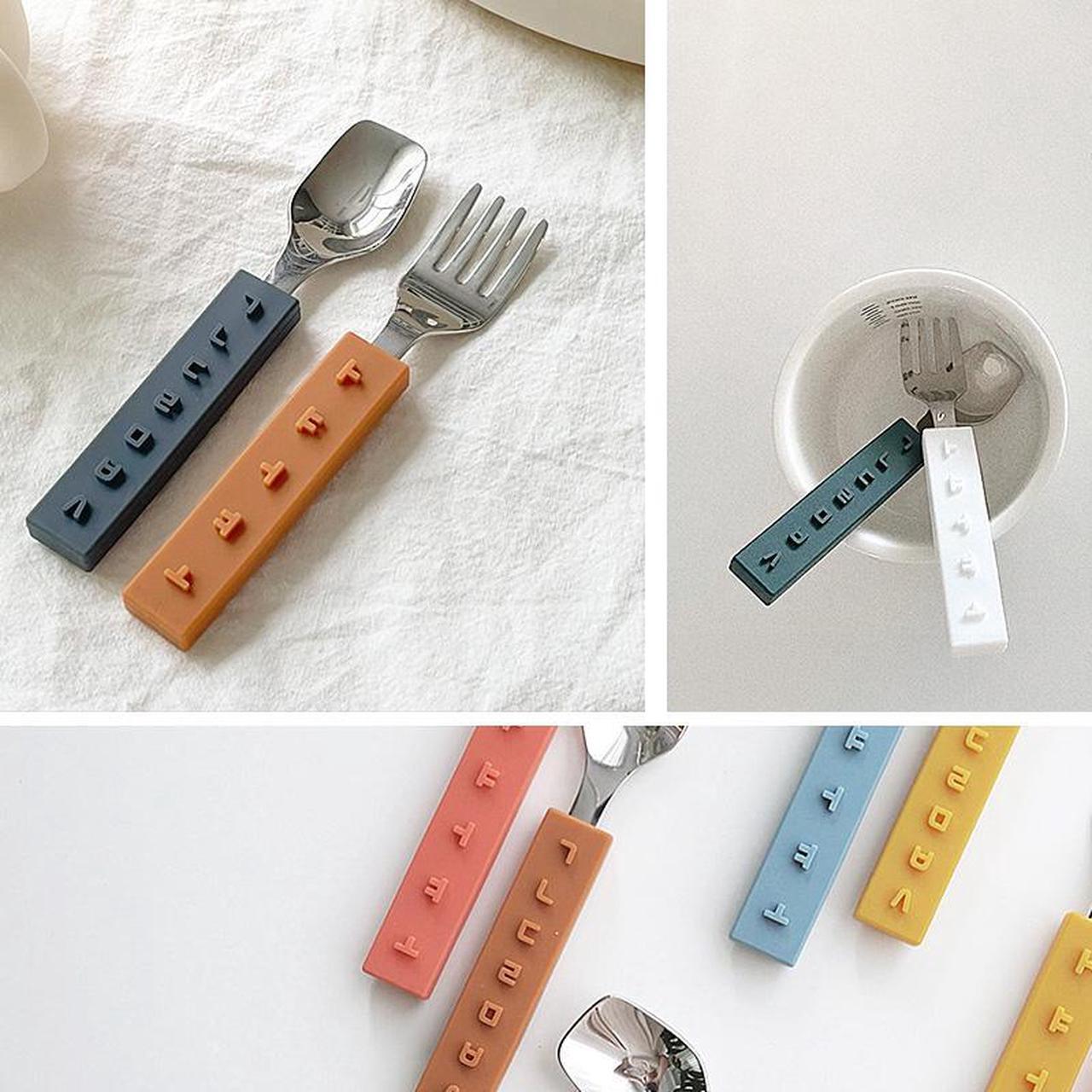 Alt view image 2 of 6 - Baby Spoon Fork set Child Kids Infant Gift Korean Alphabet Design Hangeul Pattern