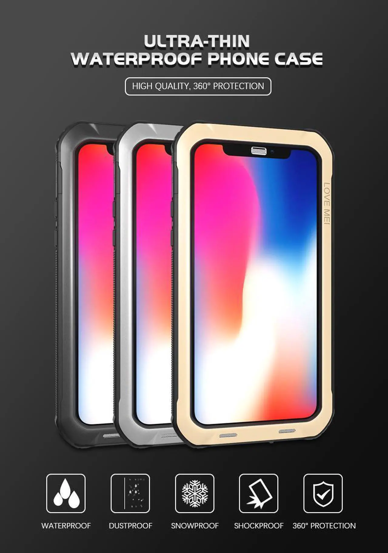 Alt view image 3 of 7 - LOVE MEI IP68 Underwater Waterproof case for iPhone X 5.8inch Water proof impermeable Shockproof Cover PC + TPU Case Pouch Shell (Gold)