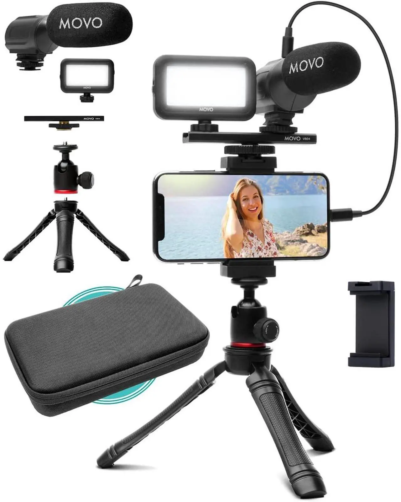 Main image of Movo iVlogger Vlogging Smartphone/iPhone Video Kit W/ Tripod, Mic, LED Light - Compatible YouTube & Influencer Kit for Content Creators|Movo