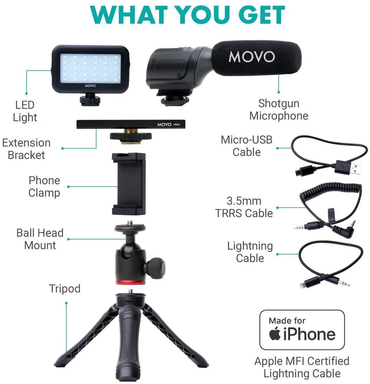 Alt view image 2 of 7 - Movo iVlogger Vlogging Smartphone/iPhone Video Kit W/ Tripod, Mic, LED Light - Compatible YouTube & Influencer Kit for Content Creators|Movo