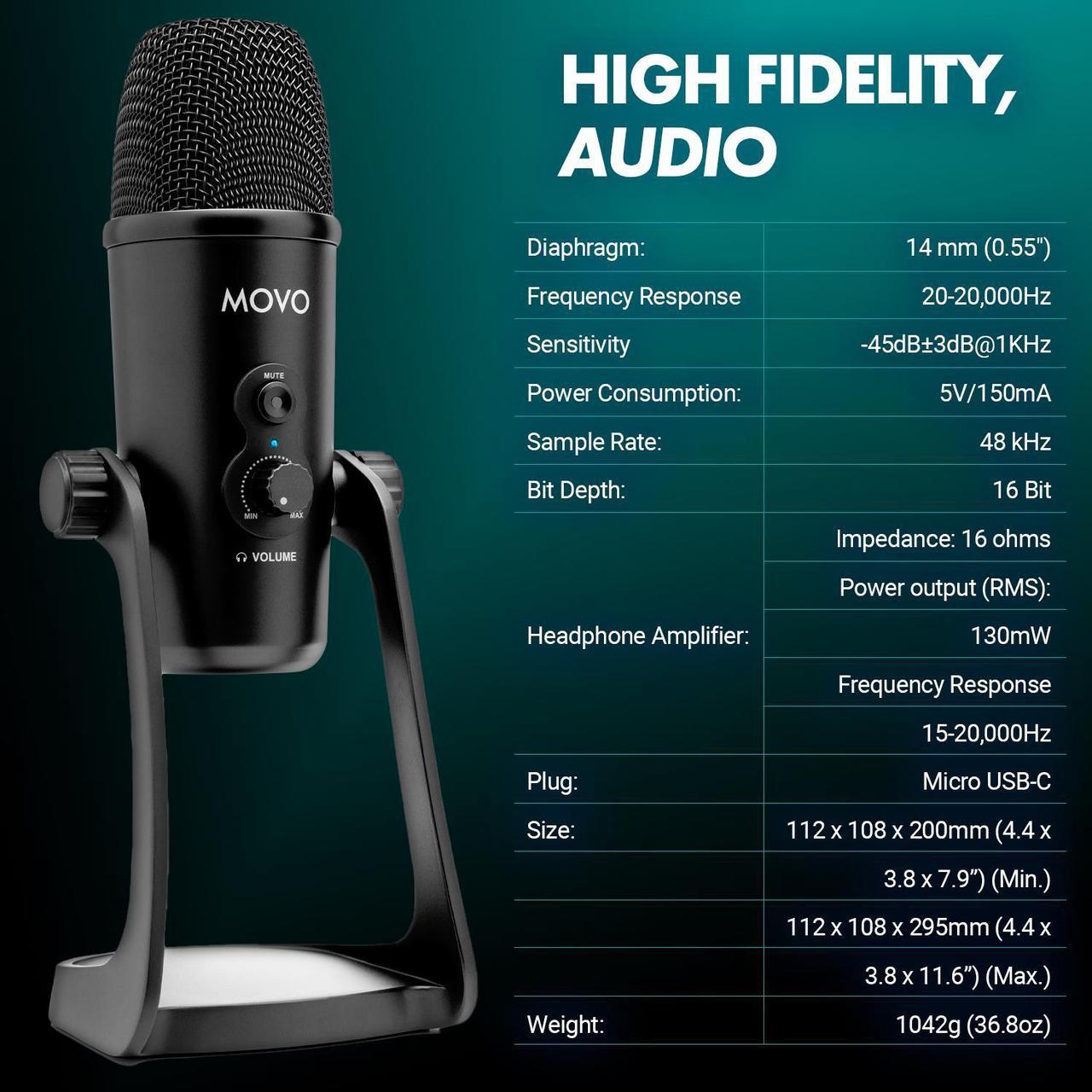 Alt view image 3 of 7 - Movo UM700 Desktop Studio USB Microphone with Stereo, Cardioid, Omnidirectional, and Bi-Directional Polar Patterns - Perfect for Vocals, Recording, Streaming, Interviews, Podcasting, YouTube, Gaming