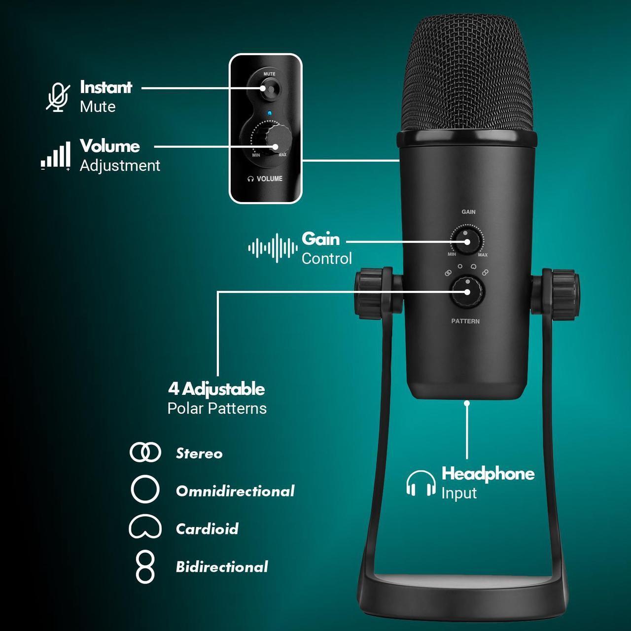 Alt view image 4 of 7 - Movo UM700 Desktop Studio USB Microphone with Stereo, Cardioid, Omnidirectional, and Bi-Directional Polar Patterns - Perfect for Vocals, Recording, Streaming, Interviews, Podcasting, YouTube, Gaming