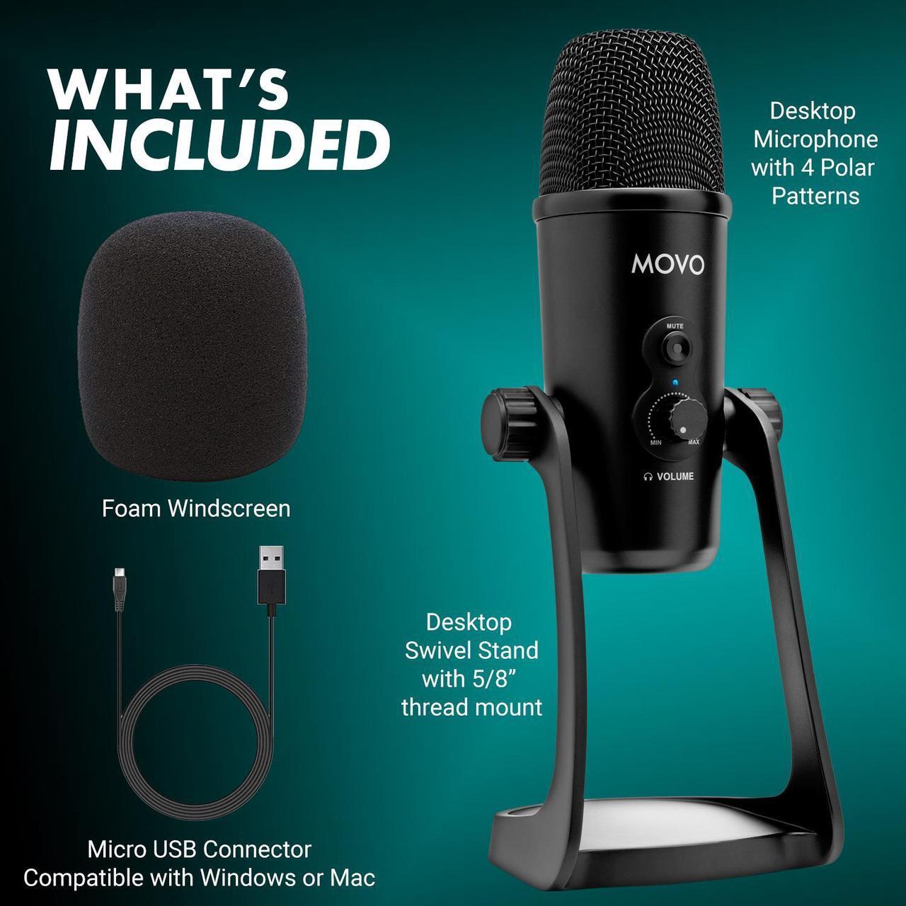 Alt view image 7 of 7 - Movo UM700 Desktop Studio USB Microphone with Stereo, Cardioid, Omnidirectional, and Bi-Directional Polar Patterns - Perfect for Vocals, Recording, Streaming, Interviews, Podcasting, YouTube, Gaming