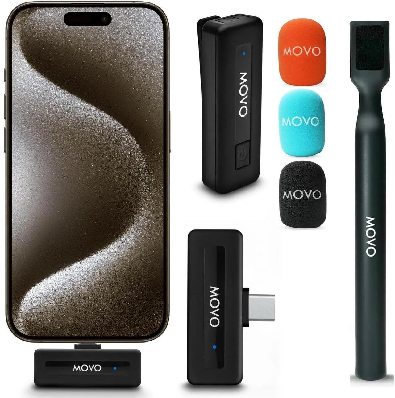 Main image of Movo Wireless Mini UC Ultra Compact Wireless Lavalier Microphone for iPhone 15 with WMX-HM Handheld Adapter - Lapel Mic with Handle Mount for Content Creators, Interviews, Reporting and More