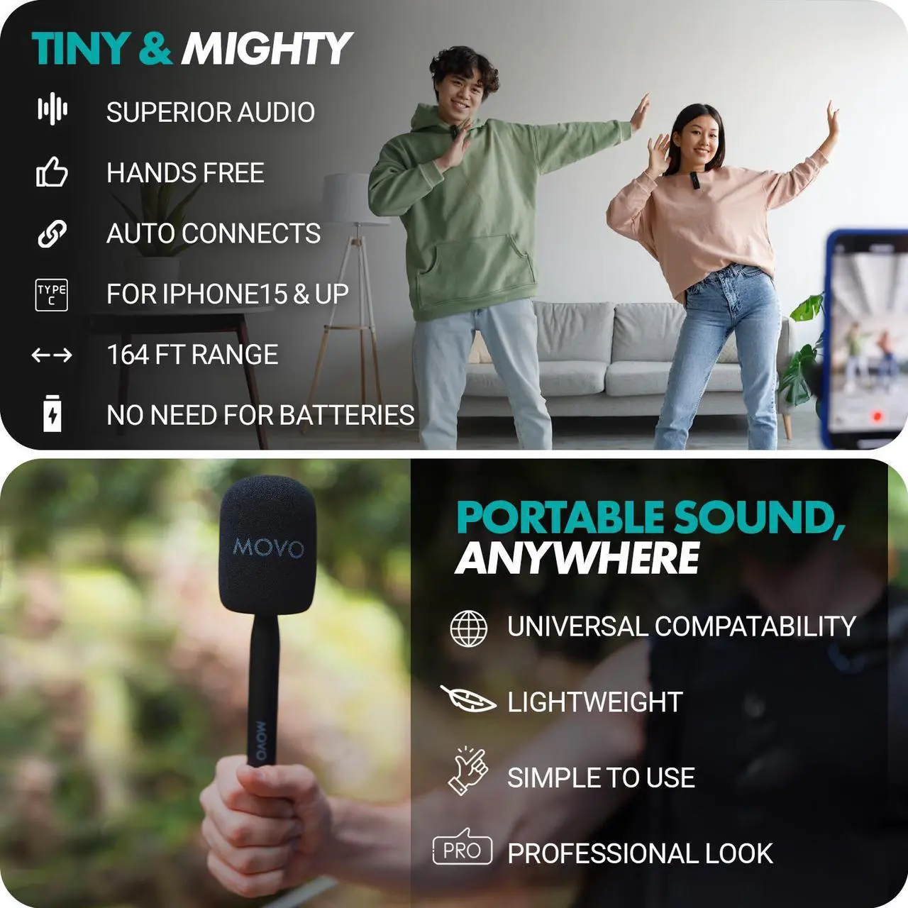 Alt view image 4 of 7 - Movo Wireless Mini UC Ultra Compact Wireless Lavalier Microphone for iPhone 15 with WMX-HM Handheld Adapter - Lapel Mic with Handle Mount for Content Creators, Interviews, Reporting and More
