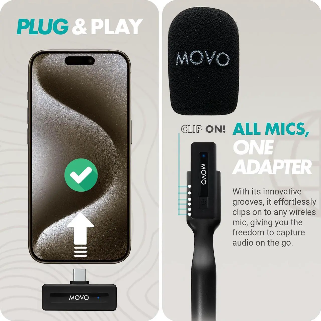 Alt view image 5 of 7 - Movo Wireless Mini UC Ultra Compact Wireless Lavalier Microphone for iPhone 15 with WMX-HM Handheld Adapter - Lapel Mic with Handle Mount for Content Creators, Interviews, Reporting and More