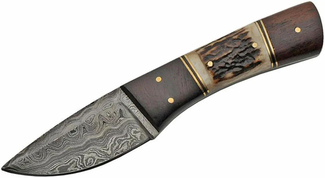 Alt view image 2 of 4 - Damascus Steel Blade Hunting Knife | 8" Overall Wood and Stag Skinner + Sheath