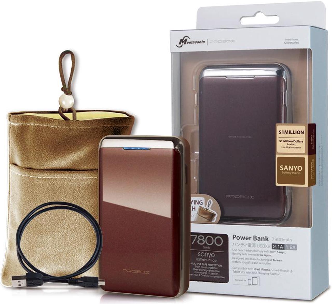 Mediasonic HE1-78U2-BR 7800mAh Power Bank With Orginial Sanyo Japanese Battery Cell 2.1A/1.2A Dual Port Brown