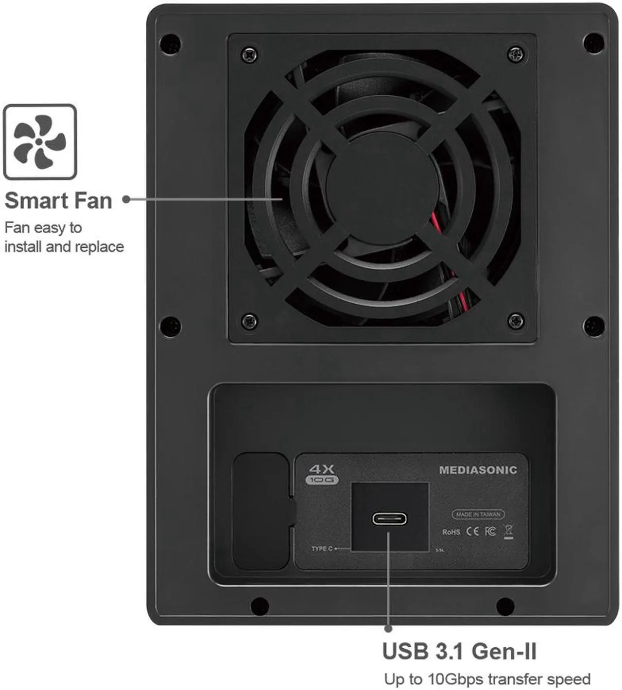 Alt view image 2 of 7 - Mediasonic Raid 0 / 1 USB 3.2 Type C 4 Bay 3.5 SATA Hard Drive Enclosure with USB Hub Feature USB 3.2 Gen 2 10Gbps (HFR7-SU31CH)