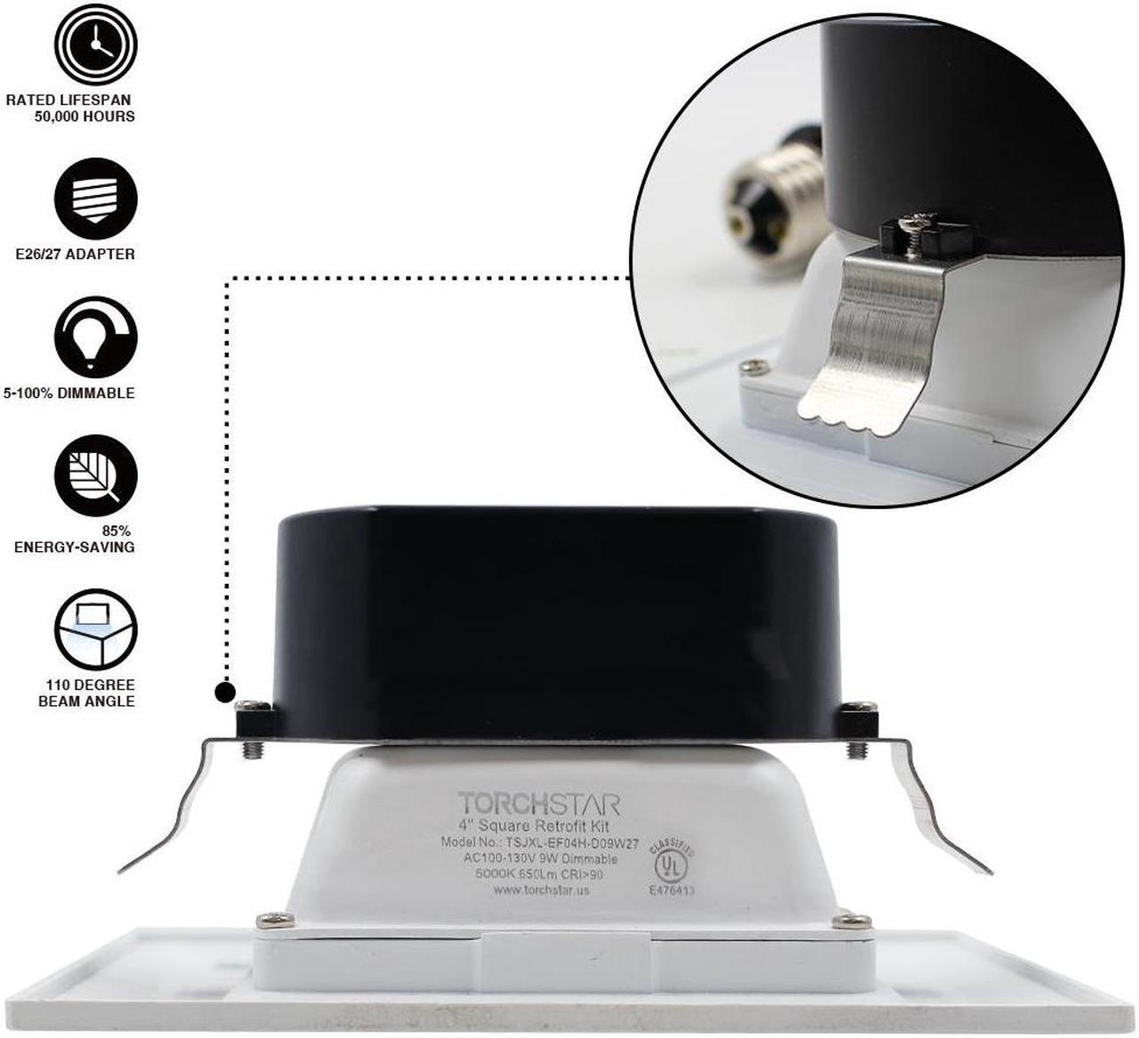 Alt view image 3 of 7 - TORCHSTAR 8-Pack 9W 4 Inch High CRI Dimmable Retrofit LED Square Recessed Lighting Fixture, 60W Equivalent 2700K Warm White UL-Classified Square Recessed Ceiling Light Downlight