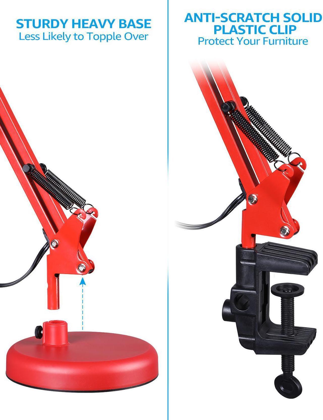 Alt view image 2 of 7 - TORCHSTAR Metal Swing Arm Desk Lamp, Interchangeable Base Or Clamp, Classic Architect Clip On Study Table Lamp, Multi-Joint, Adjustable Arm, Red Finish