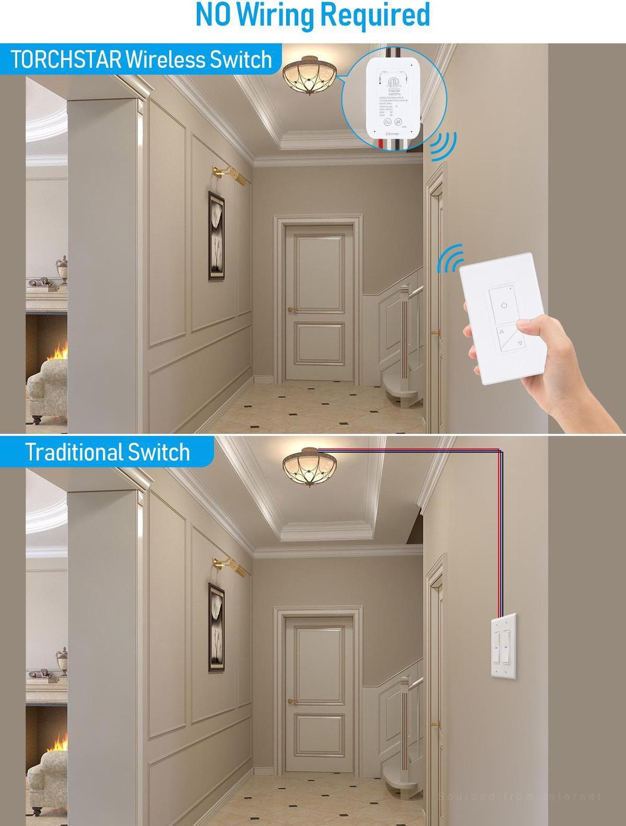 Alt view image 4 of 7 - TORCHSTAR 120V Dimmer Switch, Wireless Light Switch and Receiver Kit, No in-Wall Wiring Required, Remote Control for Ceiling Lights, Fans, Lamps, 100 Ft RF Range, ETL listed